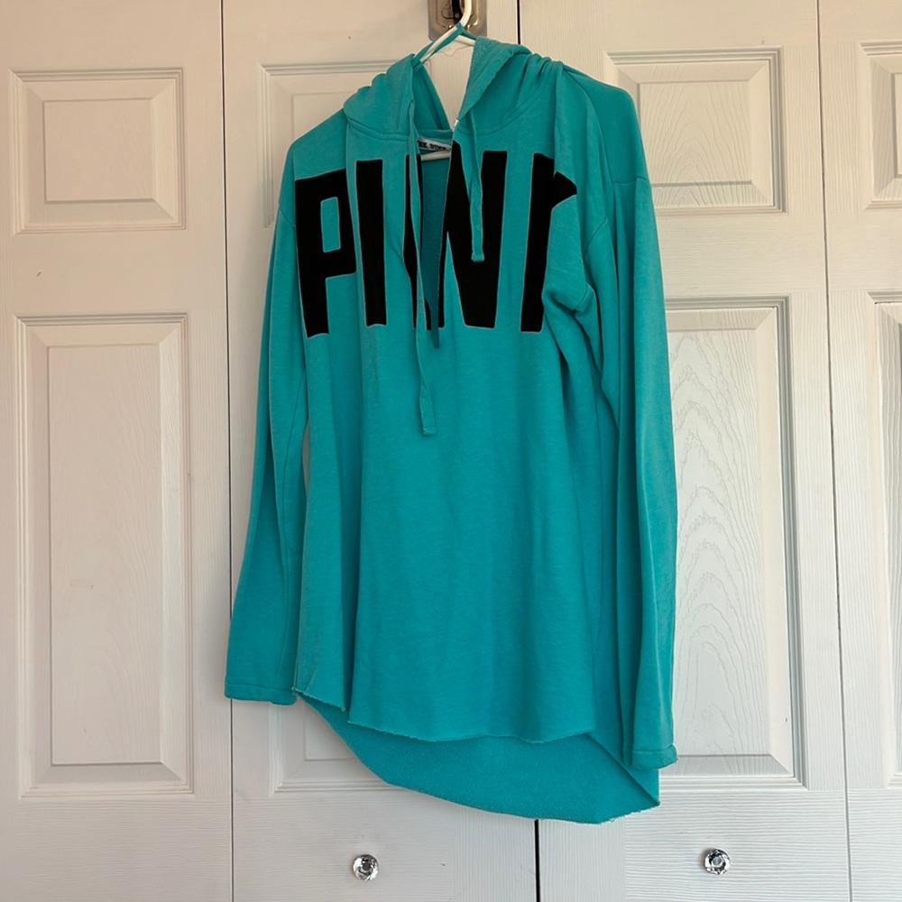 Pink tunic length sweatshirt with hood